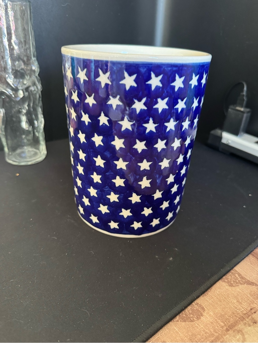 Polish Pottery Blue Vase Holder With White Stars